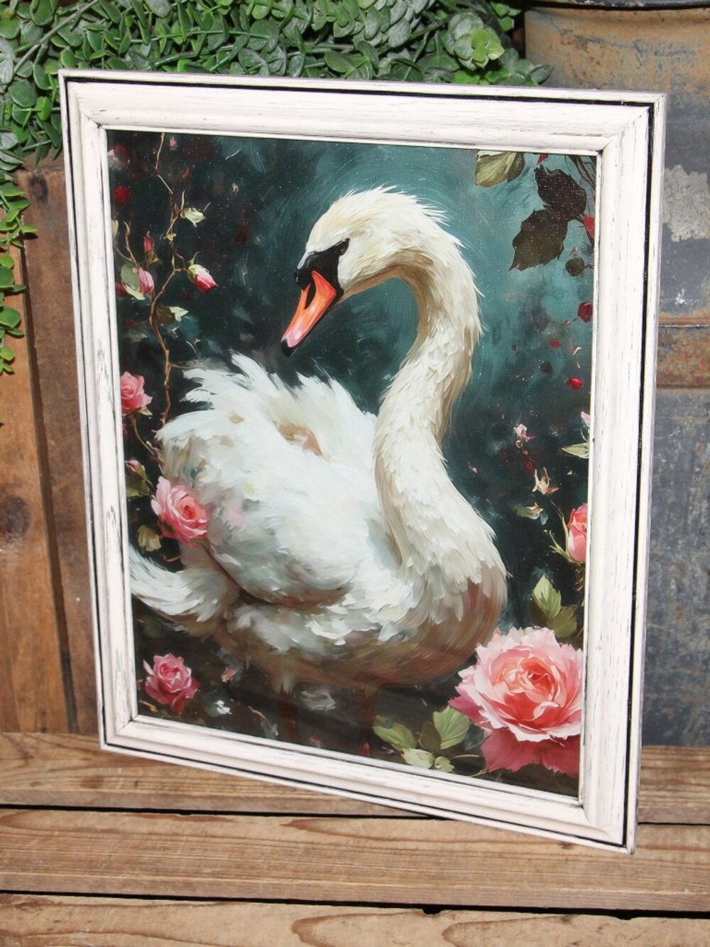 Dark Moody French Country Farmhouse French Swan & Floral in Grungy Aged Frame